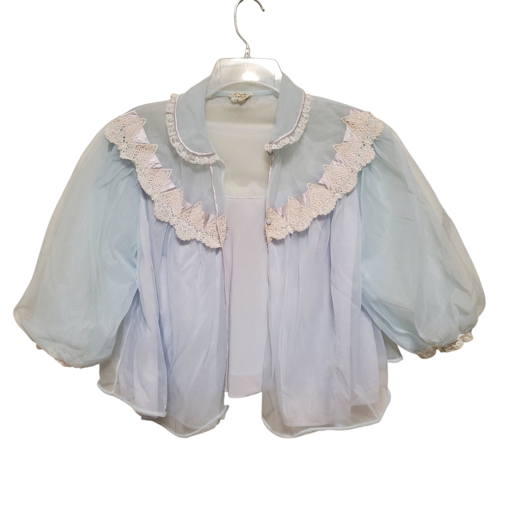 Vintage Hollywood Glamour Bed Jacket Capelet Sheer Babydoll - Picture 2 of 15